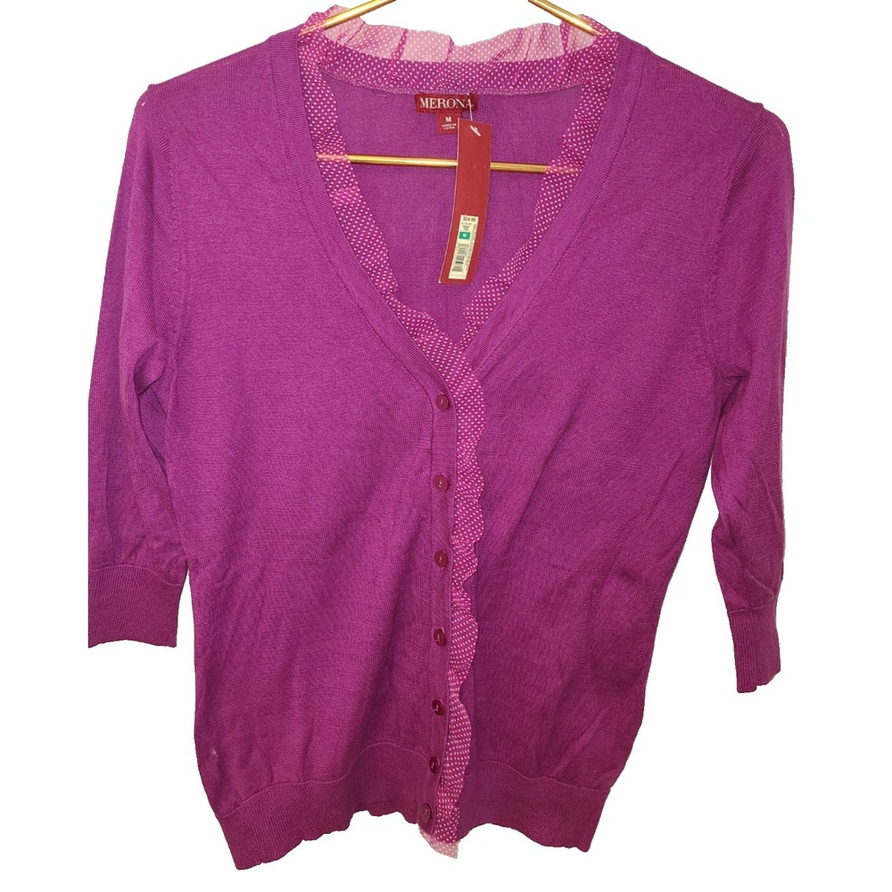 NWT Merona Women's Embellished Spray Cardigan Sweater Purple Button Front Med